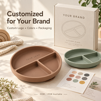 Assiette ronde en silicone pour bébé avec couvercle, trois compartiments pour les repas des tout-petits, logo personnalisé, vente en gros