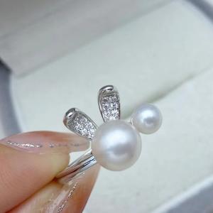 S925 Silver <b>Pearl</b> <b>Ring</b> Good Quality Inlay with Large 7-8mm Round <b>Pearl</b> Small 5mm <b>Pearl</b> Cute Elegant Little White Rabbit Design - Product Image 4