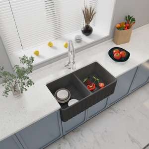 Évier de cuisine en céramique blanc de 33 pouces, double bac, style ferme, avec façade en argile réfractaire, profond - Product Image 4