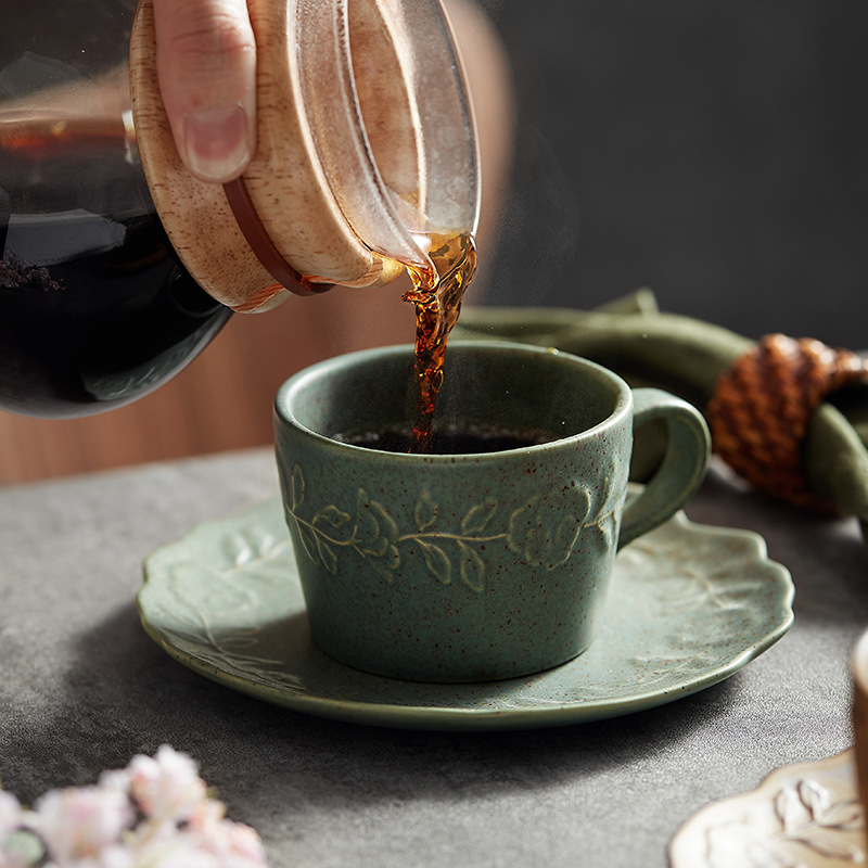 Set di 2 tazze da caffè con piattino, marrone in stile rustico, eccezionali tazze da caffè