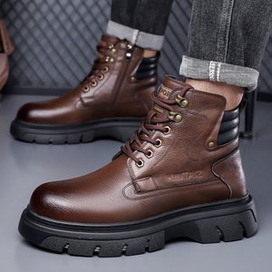 Bottes à lacets en cuir véritable pour hommes, bout rond, doublure en fourrure, semelle en caoutchouc, bottes d'hiver chaudes antidérapantes pour la neige - Product Image 2