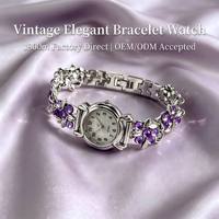 Montre Bracelet Classique pour Femme en Argent Luxe avec Strass Violets, Style Vintage Floral, Vente en Gros
