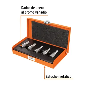 Juego De 5 Dados Cuadro 3/8 'Estuche Metálico Con 3 Unidades Herramientas De Punta Hex STD Caja De Herramientas - Product Image 1