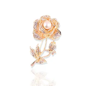 服装连衣裙配饰婚礼新娘奢华75毫米珍珠玫瑰复古风格金色透明水钻水晶玫瑰花朵胸针