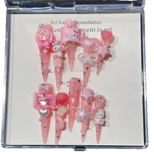 Venta al por mayor hecho a mano Stiletto largo prensa en las <span class=keywords><strong>uñas</strong></span> 3D Hello Kitty corazón arco Rosa diseño reutilizable acrílico personalizado <span class=keywords><strong>uñas</strong></span> postizas - Product Image 5