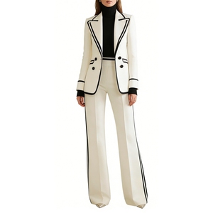 Dames 2-delige pak met contrastbies <span class=keywords><strong>blazer</strong></span> & wijde pijpen broek Sehe Fashion - Product Image 1