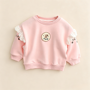 Sudadera de moda <span class=keywords><strong>Nina</strong></span> suave y transpirable para niñas, con diseño de animales de dibujos animados en el pecho, detalle de encaje en las mangas, jersey, venta al por mayor con MOQ bajo - Product Image 3