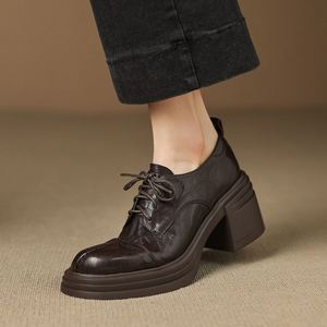 Cialisa 2025 – Nouveaux Mocassins Décontractés en Cuir Véritable Vintage pour <span class=keywords><strong>Femme</strong></span>, <span class=keywords><strong>Bout</strong></span> Rond, Talons Hauts Épais à Lacets Croisés, Chaussures à Talons Compensés Élégantes - Product Image 3