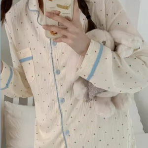 Pigiama Cardigan da donna primavera e autunno in crêpe cotone manica lunga bavero lavorato a maglia a bolle dolce - Product Image 1