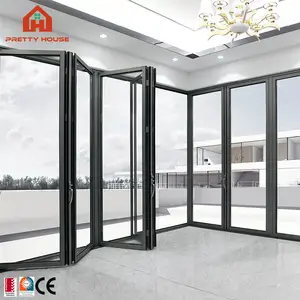 Porte pliante à deux volets en verre, patio coulissant en aluminium, porte pliante bi