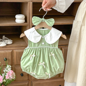 Mono de verano 2026 para bebé niña, diseño de princesa, de algodón fino, con lazo verde y cuello fresco, incluye diadema. - Product Image 4