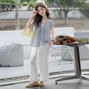 Ensemble élégant deux pièces : haut à manches courtes et pantalon large <span class=keywords><strong>pour</strong></span> grande fille – Idéal <span class=keywords><strong>pour</strong></span> l'été, décontracté, quotidien, et activités de plein air - Product Image 3