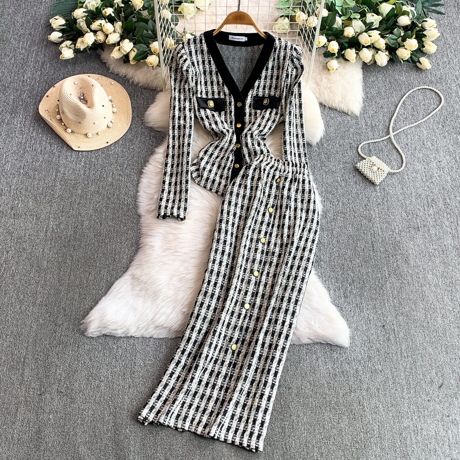 Women'S Ladies Cheap 2 Pcs Set Color Block Velvet Slim Fit Dress Set With  Metal Buttons Elegant Two-Piece Female| Alibaba.com