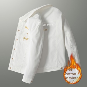 Veste de travail blanche pour homme avec revers, broderie de caractères chinois dorés, poche boutonnée, style streetwear décontracté - Product Image 5