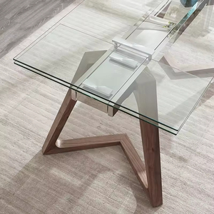 Ensemble <span class=keywords><strong>de</strong></span> <span class=keywords><strong>table</strong></span> à <span class=keywords><strong>manger</strong></span> extensible au design moderne contemporain, style mi-siècle, <span class=keywords><strong>en</strong></span> bois <span class=keywords><strong>de</strong></span> noyer brun, avec plateau <span class=keywords><strong>en</strong></span> <span class=keywords><strong>verre</strong></span> trempé extra clair - Product Image 4