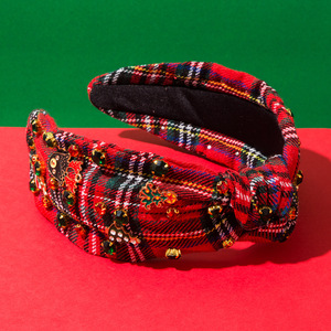 Christmas <strong>Tartan</strong> Plaid Knotted <strong>Headband</strong> Xmas Tree Reindeer Hairband Wide Bling Rhinestone Crystal Jeweled Holiday Hair Hoop - Product Image 6