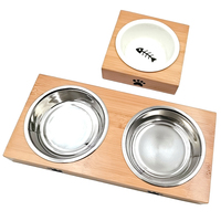 Doubles bols d'alimentation pour chiens et chats, en céramique, simple, support en bambou, pour chiens, gobelets, pailles, alimentation