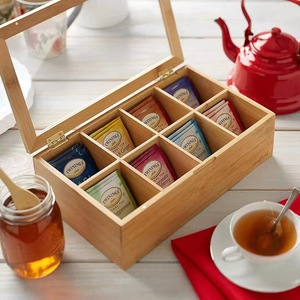 Bamboo <b>Tea</b> <b>Box</b> With Compartments Flip Top Desktop Organizer Natural Wood Color Rectangle Shape Covered Storage Case - Product Image 3
