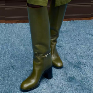 Women's Square Toe Knee High Boots Ladies High Chunky <b>Heels</b> Solid on Shoes Belt Buckle Decor Long Booties - Product Image 4