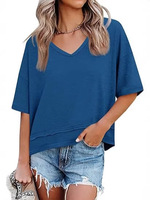 HOHI T-shirt décontracté pour femme, col en V, manches courtes, couleur unie, design à empiècements, respirant, séchage rapide, en coton tricoté, collection printemps-été
