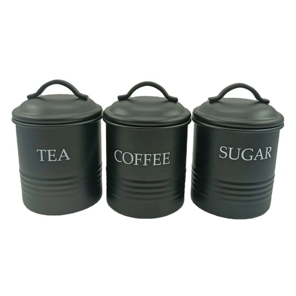 Индивидуальные элегантные современные металлические кухонные матовые черные контейнеры для хранения еды из 3 предметов, наборы конфет для сахара, чая, кофе