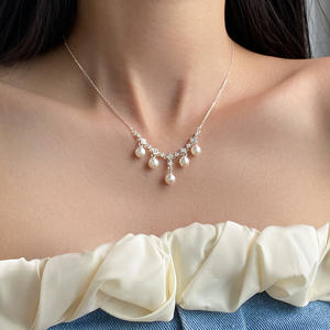 S925 Pure <b>Silver</b> Light Luxury Simple Diamond Inlaid Synthetic Strong Light Pearl <b>Necklace</b> with Single Diamond Collarbone <b>Chain</b> - Product Image 1
