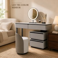 Ensemble de meubles de coiffeuse en MDF de qualité E1 avec plateau en pierre frittée, miroir LED trois couleurs et tiroirs à fermeture douce pour chambre à coucher