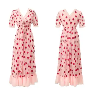 RTS Summer New Arrival Chic High Rise Sexy V-neck Strawberry Embroidery Elegant Women Elegant Long A-line Mesh Dress