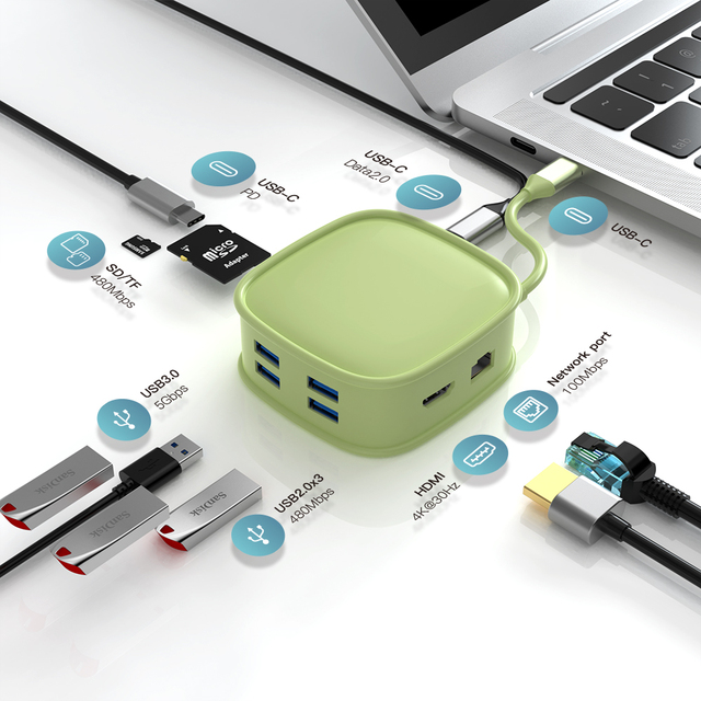 10 in 1 Hub Usb Type c Hub Type-C to PD 100W USB3.0 USB2.0*3 SD TF RJ45 100M USB-C2.0 for macbook