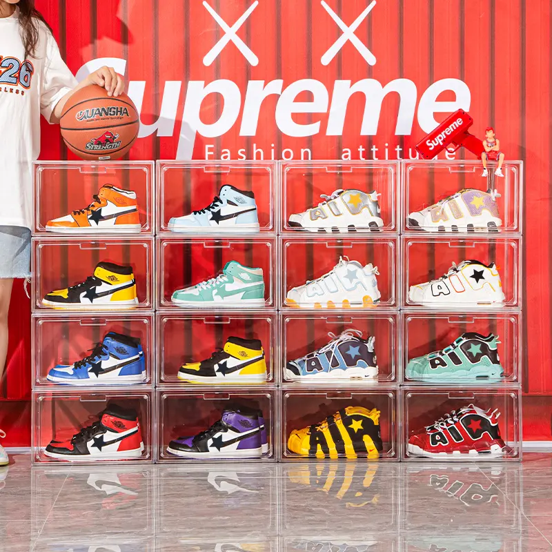Magnetic Foldable transparent Sneaker Display Organizer Container Storage crate Acrylic Clear Drop Front Plastic Shoe Box