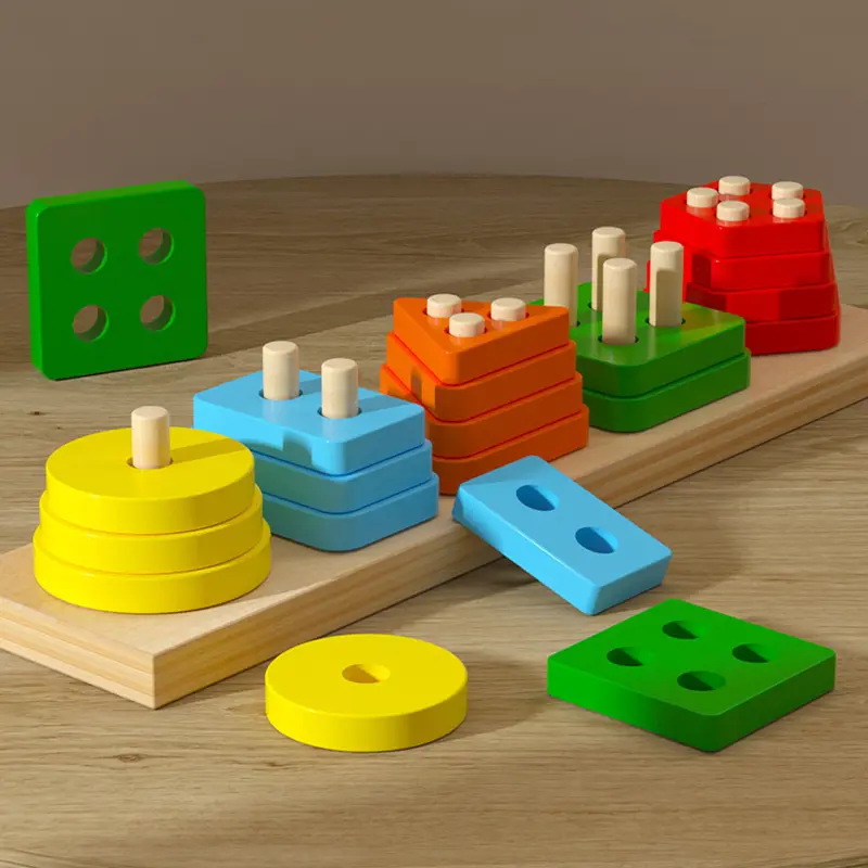 COMMIKI Juego de combinación geométrica Clasificación de madera Juguete de apilamiento Forma Bloque de reconocimiento de color Juego de rompecabezas a juego