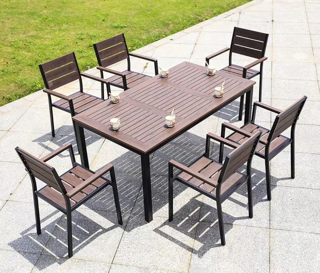 Açık plastik ahşap veranda bahçe bahçe mobilya seti masa ve sandalye seti açık kahve yemek mobilyaları set