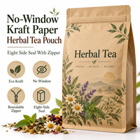 Sachet personnalisé en papier kraft sans fenêtre pour tisanes, scellé sur huit côtés avec fermeture éclair, pour la vente au détail et en gros