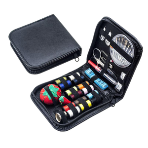 Kit <span class=keywords><strong>de</strong></span> couture portable en cuir noir avec aiguilles, fils et ciseaux, étui <span class=keywords><strong>de</strong></span> rangement <span class=keywords><strong>de</strong></span> haute qualité pour la maison et les voyages - Product Image 1
