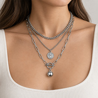 Collier pendentif triple couche couleur argent avec chaînes maille trombone et fermoir toggle, bijoux de mode pour femme, cadeau de fête