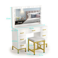 Coiffeuse moderne à miroir LED, pieds blancs dorés, 7 tiroirs – Table de maquillage compacte pour chambre et usage hospitalier, directement de l'usine