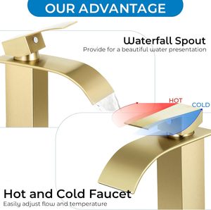 RNDIOZD Eco-Friendly Brushed Gold Waterfall Bathroom <strong>Faucet</strong> 2PCS Single Handle 1&amp;3 Hole RV Vanity Mixer Tap with Pop-Up Drain - Product Image 4