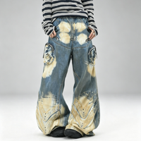 SOONREE Jean cargo clouté personnalisé pour homme, noir, coupe ample, en denim, multi-panneaux, à rabats effilochés, style punk streetwear