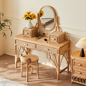 Foshan Hotel Home Furniture Square Woven Natural <strong>Rattan</strong> Bedroom <strong>Table</strong> and Chair Sets <strong>Dressing</strong> <strong>Table</strong> with Mirror Wood Dresser - Product Image 2