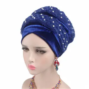 T-009 Ấn Độ Phong Cách Hồi Giáo 3D Hoa Hạt Nhung Turban Phụ Nữ Dài Đuôi Head Bọc Hat Hồi Giáo Hijab Turban