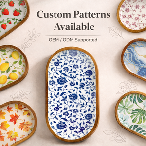 Vassoio da portata ovale in legno di acacia certificato FSC 2026, stoviglie per la casa, piatti floreali blu per caffè e dessert, nuovi accessori da <span class=keywords><strong>cucina</strong></span> - Product Image 4