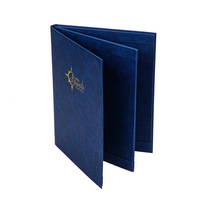 Couverture de menu de restaurant bleu marine, dossier de recettes en cuir personnalisé avec logo estampé or