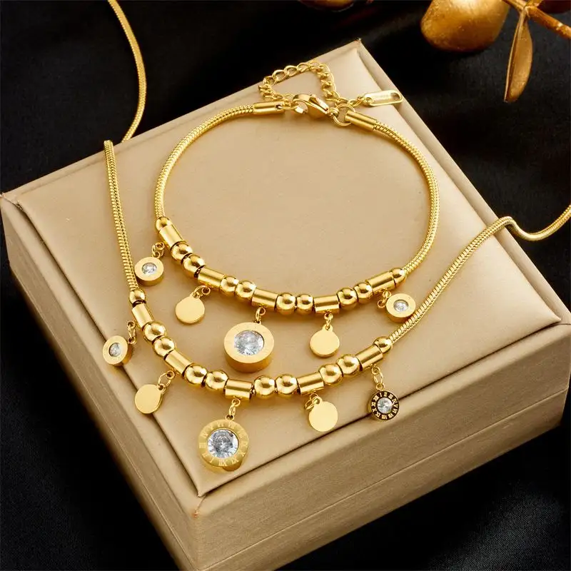 Set kalung baja tahan karat perhiasan Zircon terbaru set perhiasan modis berlapis emas 18K perhiasan baja tahan karat perhiasan