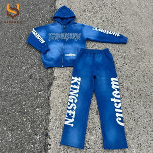 Custoom Men's Cotton Oversize Tracksuit for Men Distressed <b>Screen</b> Printing Logo Sweatpants Two Pieces Set Acid <b>Washed</b> Tracksuits - Product Image 1