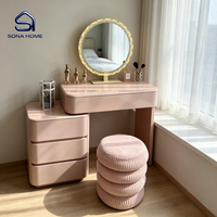 Ensemble de coiffeuse rose brillant avec miroir à LED à volants et armoire à 3 tiroirs