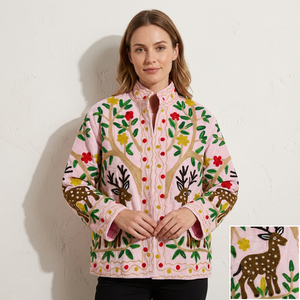 Pink Hand Embroidered <b>Sheep</b> <b>Skin</b> Velvet Breathable Mandarin Collar Full Sleeve Winter Women's <b>Jacket</b> - Product Image 1