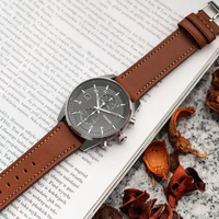 Montre Chronographe Sportive Tendance à Quartz, Cadran en Verre, Boîtier en Acier Inoxydable, Bracelet en Cuir 22mm, 44mm, Aiguilles Lumineuses, Étanchéité 30m