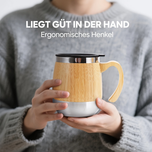 Natural Bamboo Wood Grain Stainless Steel Coffee <b>Mug</b> with Lid Handle <b>Double</b> <b>Wall</b> Insulated Travel Tea Cup - Product Image 2