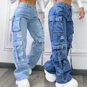 Pantalones de mezclilla de trabajo de pierna recta con múltiples bolsillos, estilo INS, versátiles, holgados e informales para mujer - Product Image 6