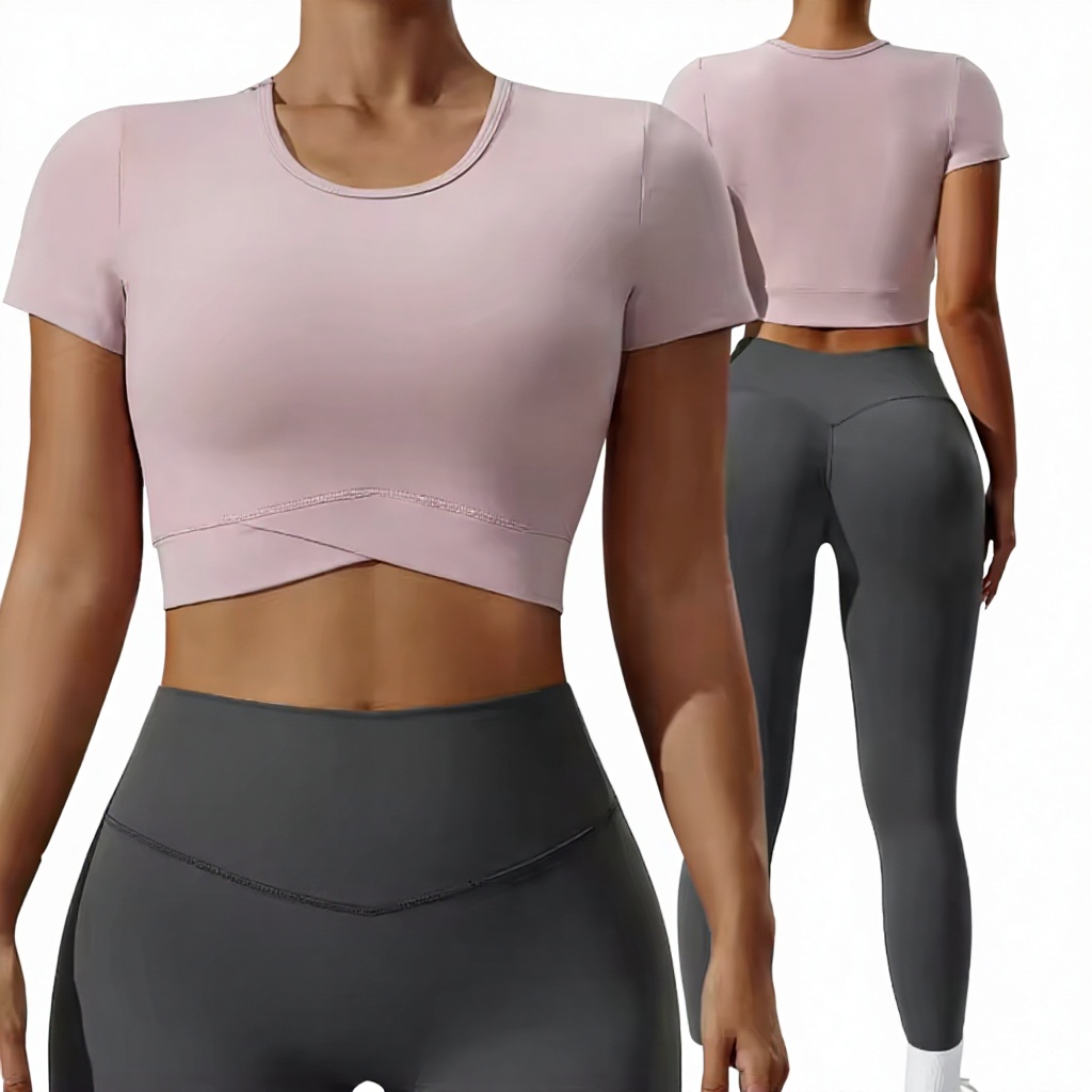 Fashion Design Women's Crew Neck Short Sleeve Regular Fit Quick Dry Recyclable Spandex/Nylon Solid Color Yoga Shirt Front Summer